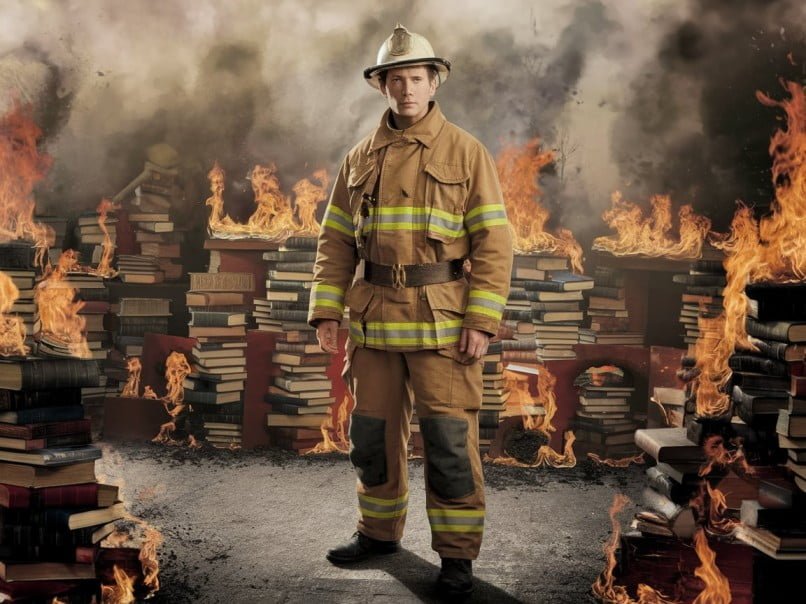 book catching fire and a fireman