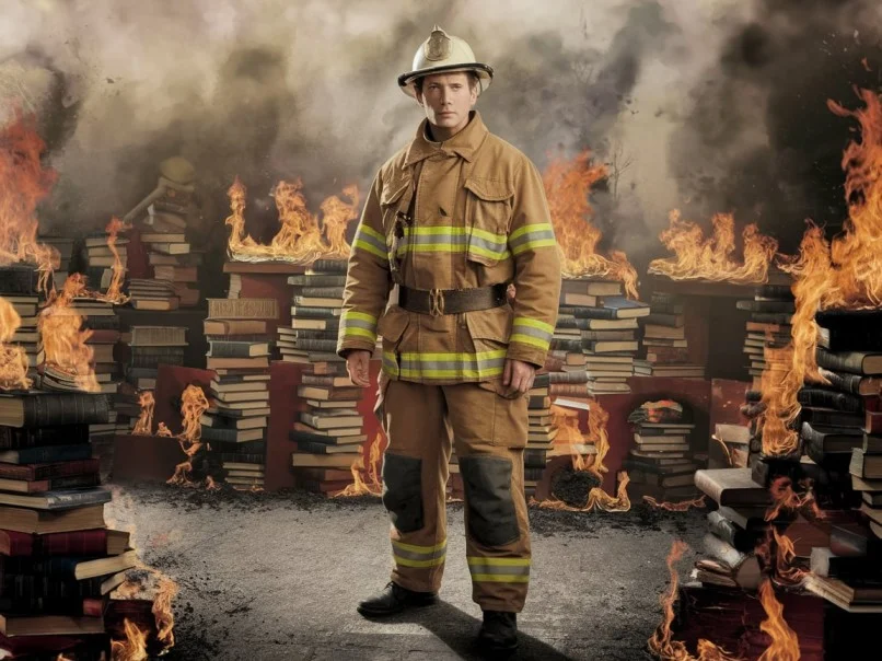 book catching fire and a fireman
